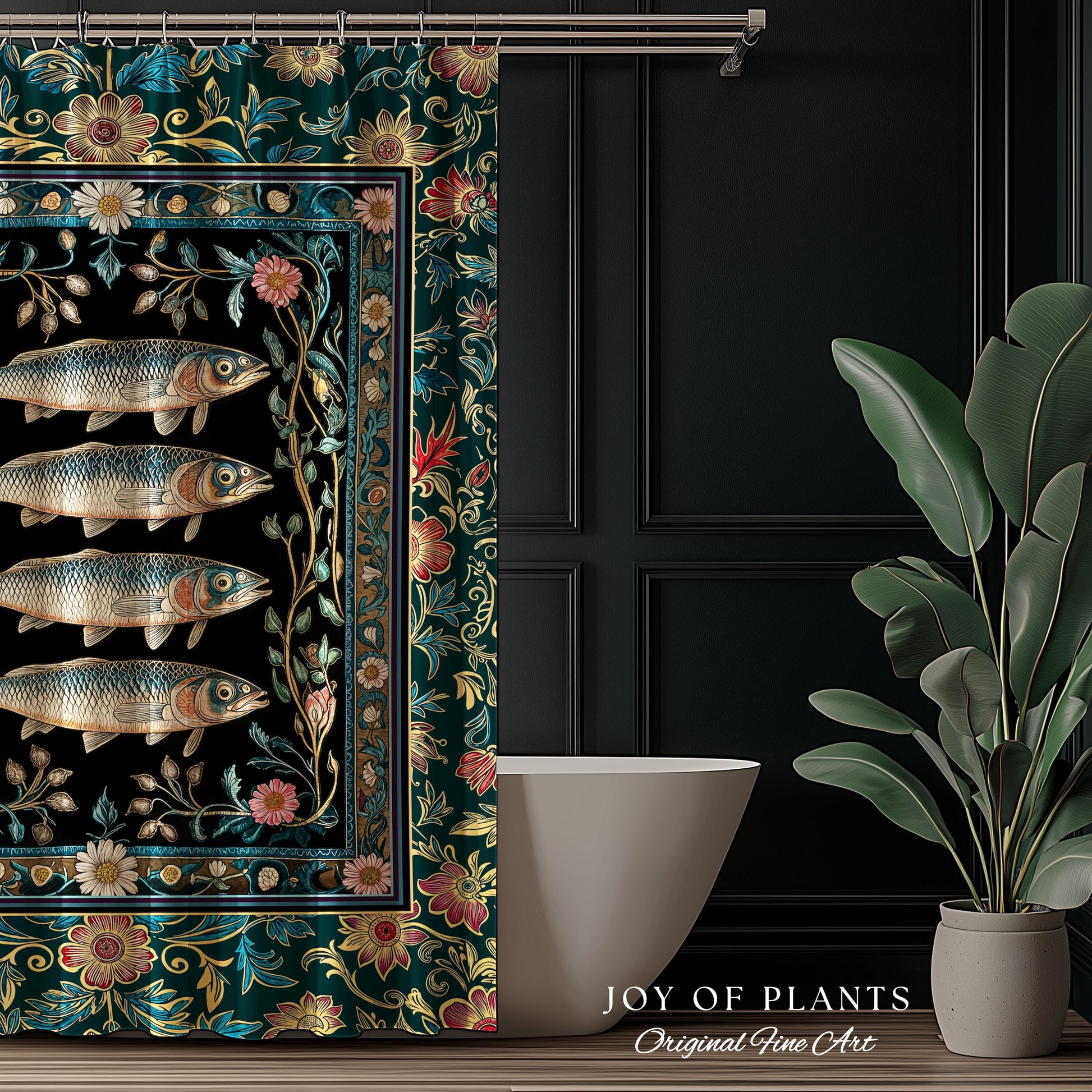 Eclectic Botanical Sardine Cozy Bathroom Decor | Nautical Lake House Shower Curtain Indie Coastal Aesthetic Oceancore Vintage Sea Life Bath