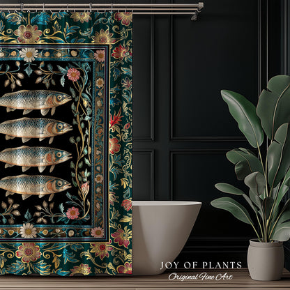 Eclectic Botanical Sardine Cozy Bathroom Decor | Nautical Lake House Shower Curtain Indie Coastal Aesthetic Oceancore Vintage Sea Life Bath