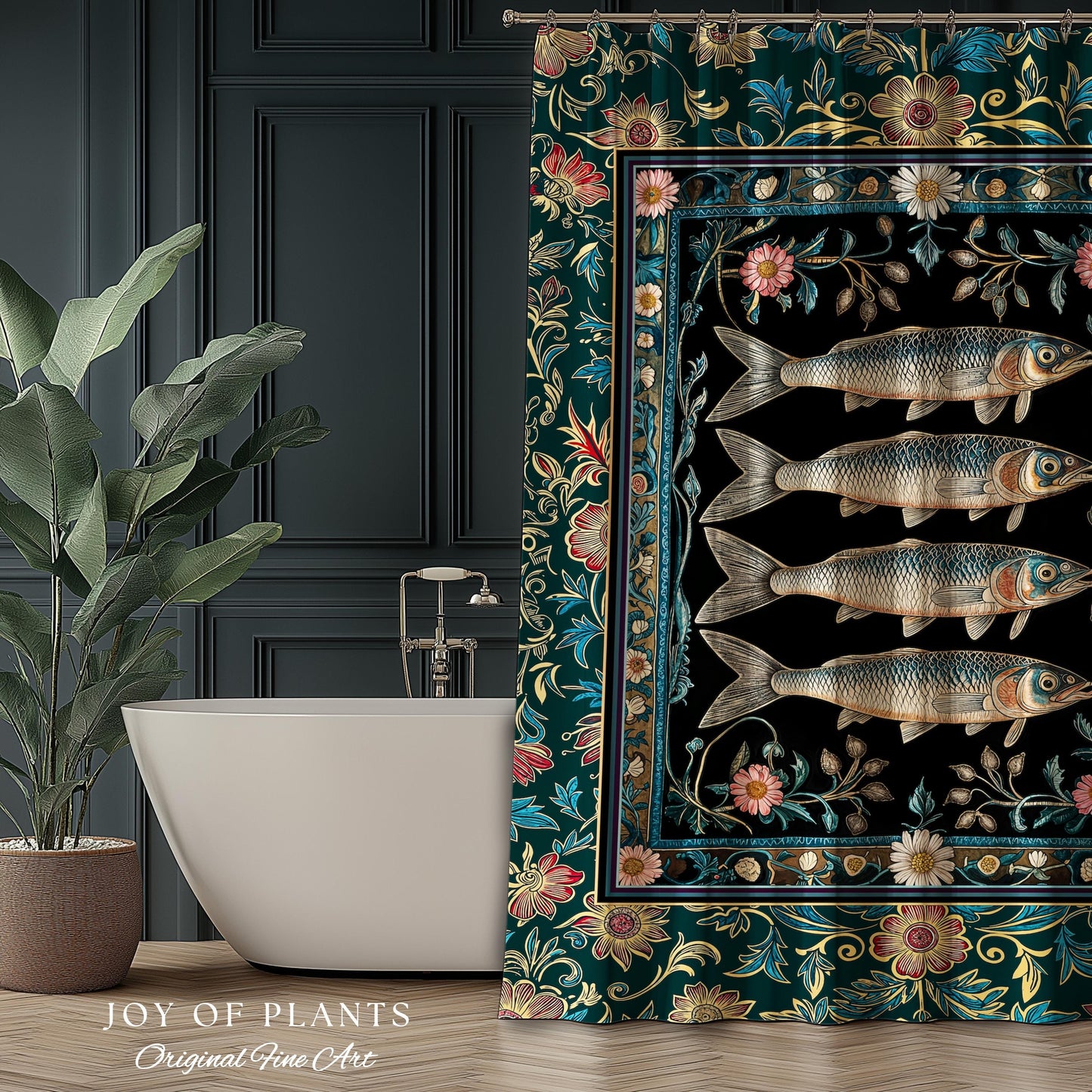Eclectic Botanical Sardine Cozy Bathroom Decor | Nautical Lake House Shower Curtain Indie Coastal Aesthetic Oceancore Vintage Sea Life Bath