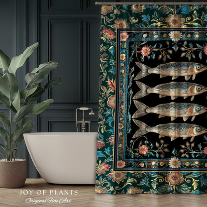Eclectic Botanical Sardine Cozy Bathroom Decor | Nautical Lake House Shower Curtain Indie Coastal Aesthetic Oceancore Vintage Sea Life Bath