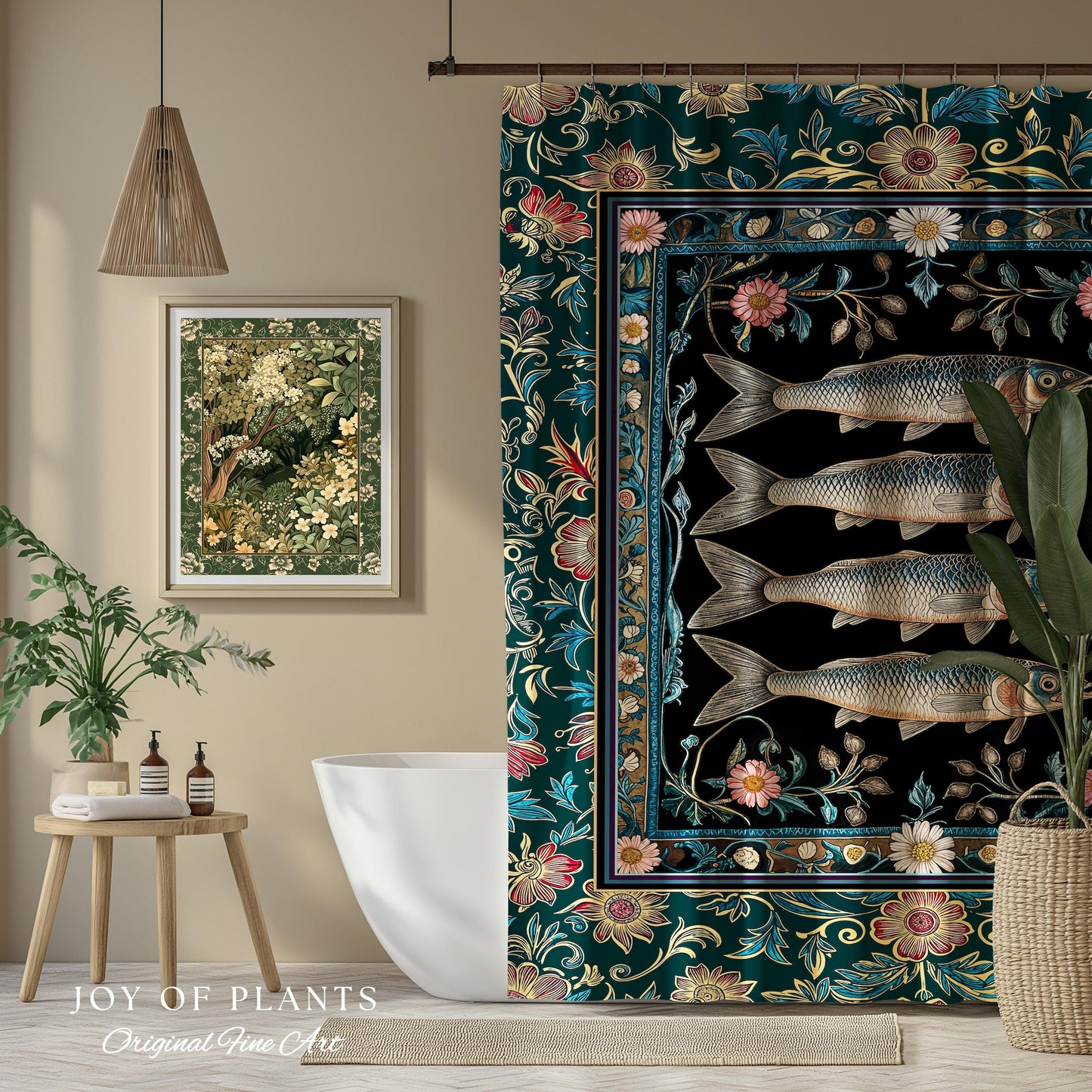 Eclectic Botanical Sardine Cozy Bathroom Decor | Nautical Lake House Shower Curtain Indie Coastal Aesthetic Oceancore Vintage Sea Life Bath