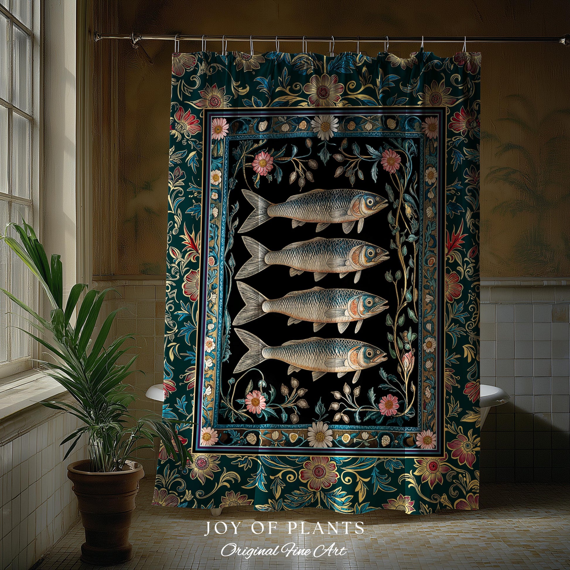 Eclectic Botanical Sardine Cozy Bathroom Decor | Nautical Lake House Shower Curtain Indie Coastal Aesthetic Oceancore Vintage Sea Life Bath