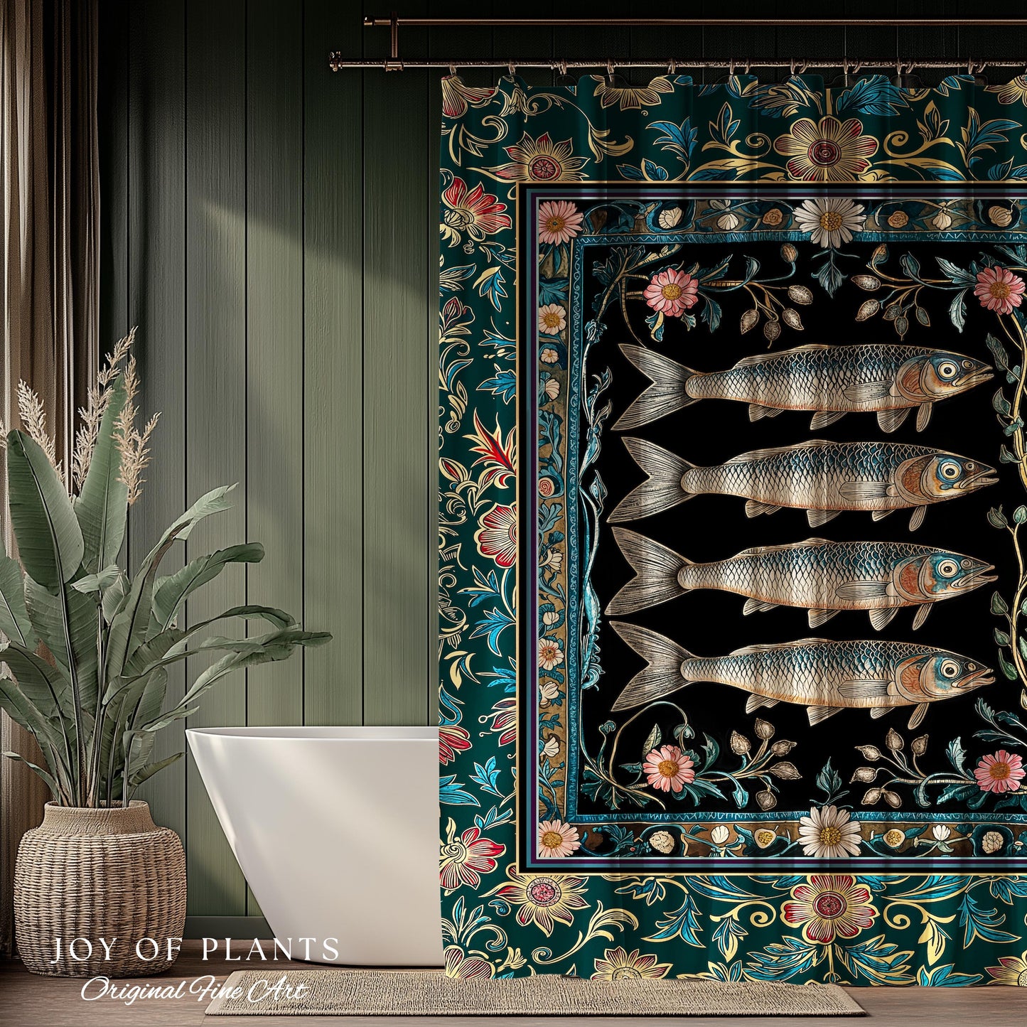 Eclectic Botanical Sardine Cozy Bathroom Decor | Nautical Lake House Shower Curtain Indie Coastal Aesthetic Oceancore Vintage Sea Life Bath