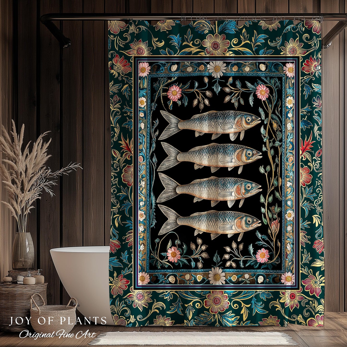 Eclectic Botanical Sardine Cozy Bathroom Decor | Nautical Lake House Shower Curtain Indie Coastal Aesthetic Oceancore Vintage Sea Life Bath