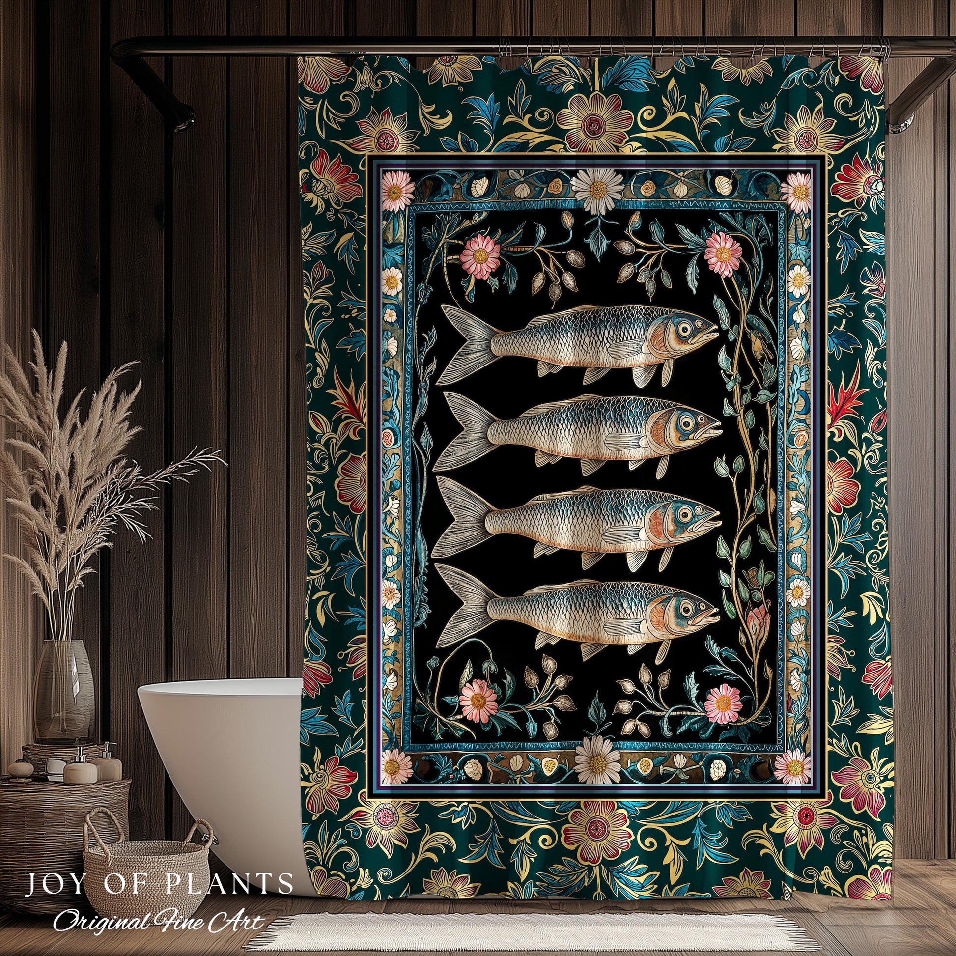 Eclectic Botanical Sardine Cozy Bathroom Decor | Nautical Lake House Shower Curtain Indie Coastal Aesthetic Oceancore Vintage Sea Life Bath