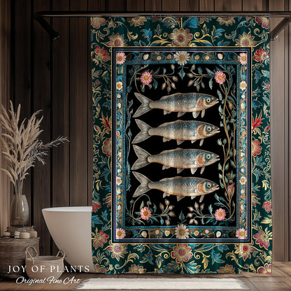 Eclectic Botanical Sardine Cozy Bathroom Decor | Nautical Lake House Shower Curtain Indie Coastal Aesthetic Oceancore Vintage Sea Life Bath