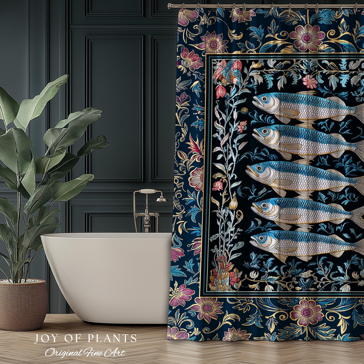 Whimsical Sea Life Sardine Shower Curtain | Cozy Nautical Lake House Bathroom Eclectic Coastal Aesthetic Maxmialist Vintage Sea Life Accent