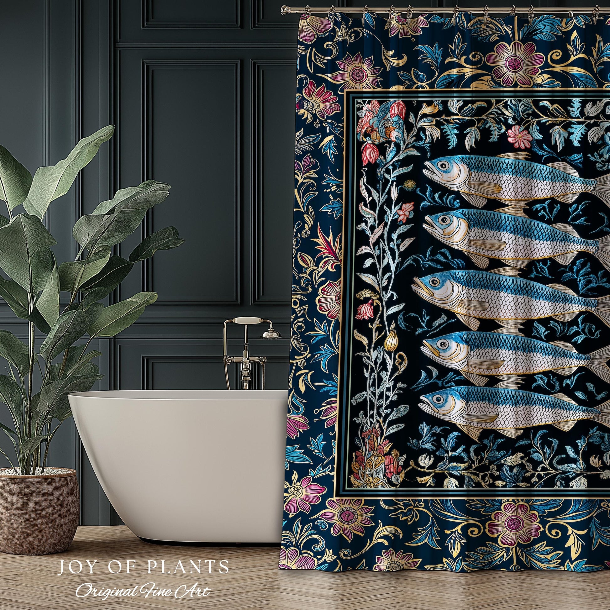 Whimsical Sea Life Sardine Shower Curtain | Cozy Nautical Lake House Bathroom Eclectic Coastal Aesthetic Maxmialist Vintage Sea Life Accent