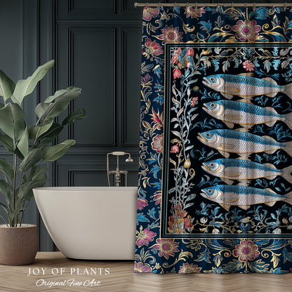 Whimsical Sea Life Sardine Shower Curtain | Cozy Nautical Lake House Bathroom Eclectic Coastal Aesthetic Maxmialist Vintage Sea Life Accent