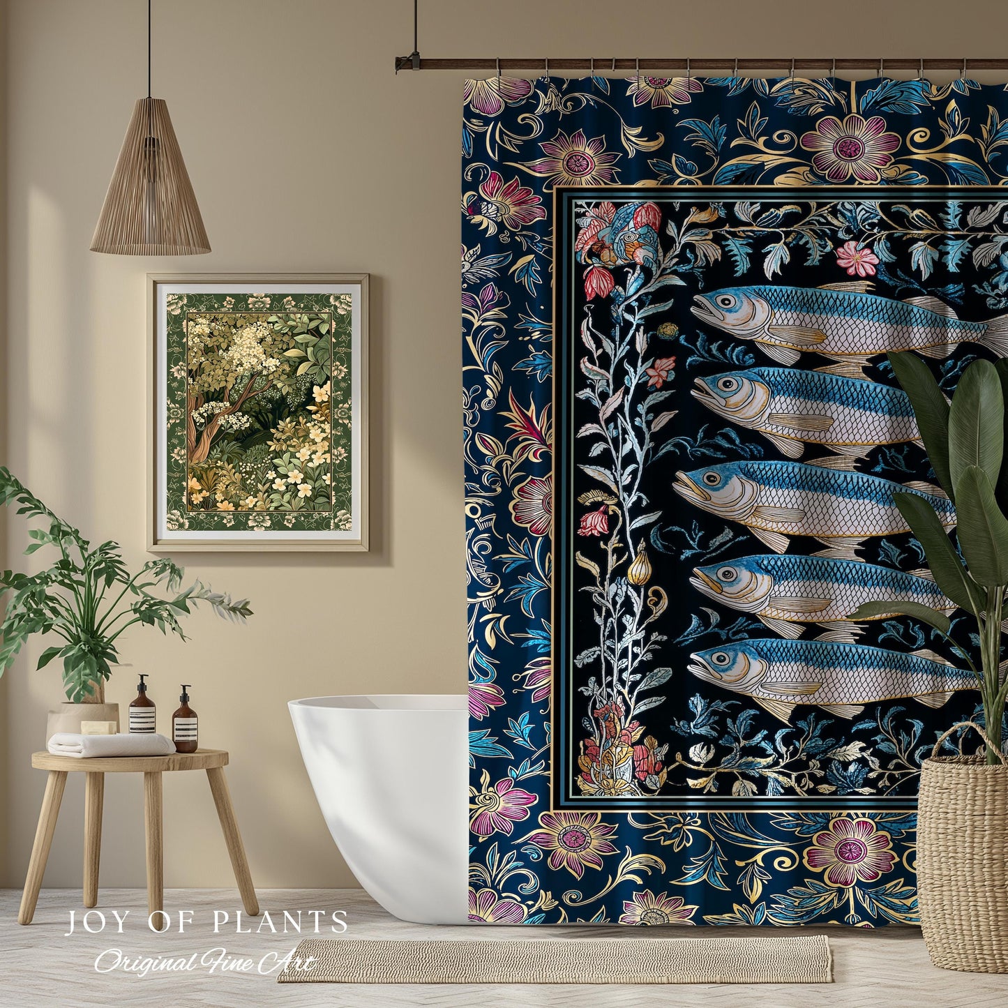 Whimsical Sea Life Sardine Shower Curtain | Cozy Nautical Lake House Bathroom Eclectic Coastal Aesthetic Maxmialist Vintage Sea Life Accent