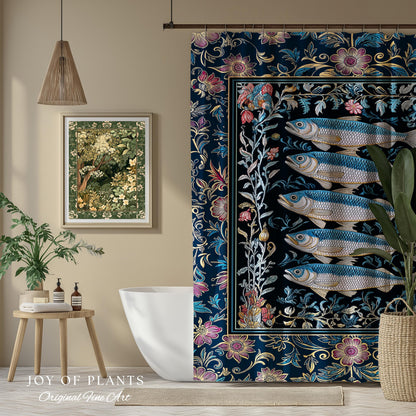 Whimsical Sea Life Sardine Shower Curtain | Cozy Nautical Lake House Bathroom Eclectic Coastal Aesthetic Maxmialist Vintage Sea Life Accent