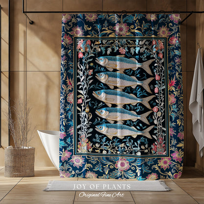 Whimsical Sea Life Sardine Shower Curtain | Cozy Nautical Lake House Bathroom Eclectic Coastal Aesthetic Maxmialist Vintage Sea Life Accent