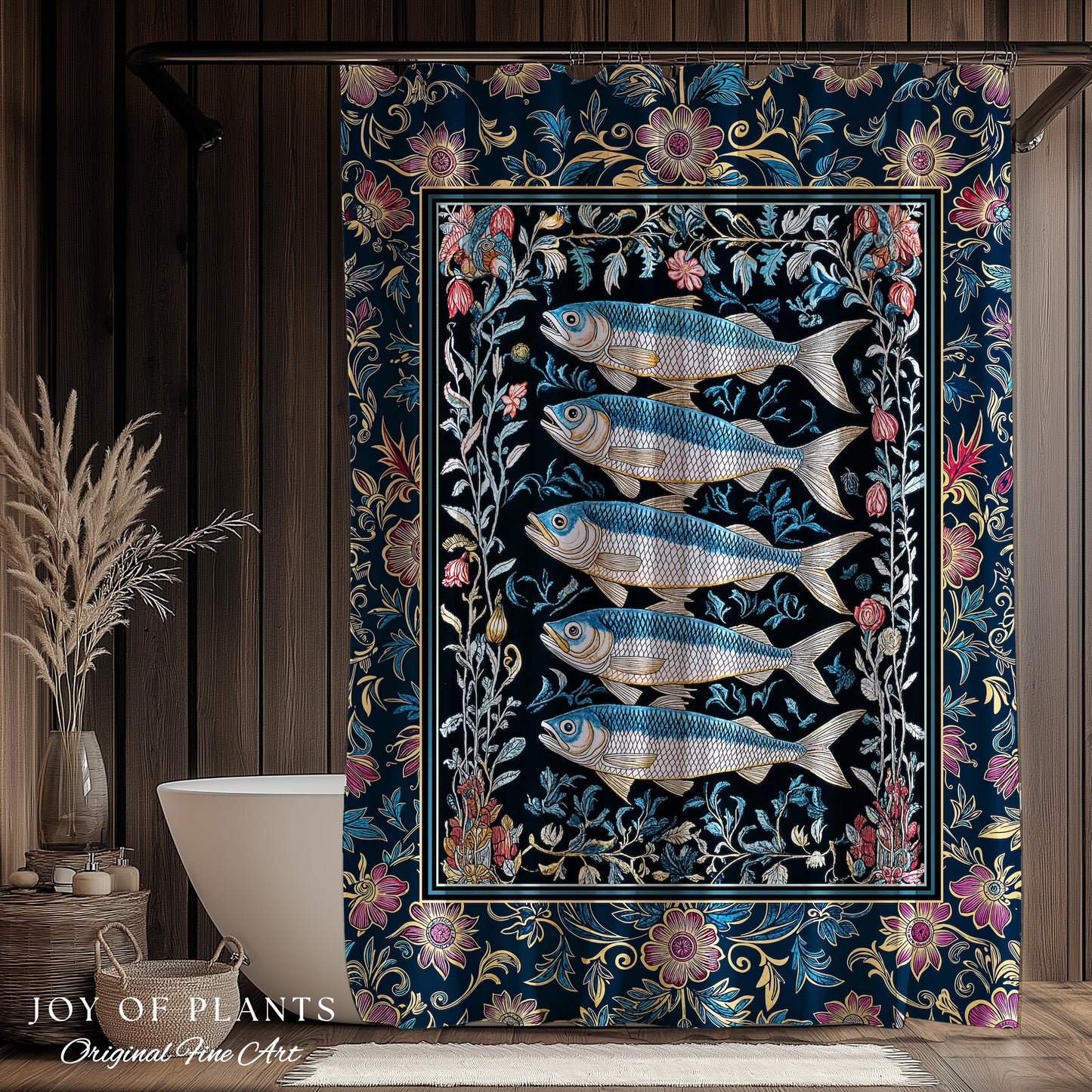 Whimsical Sea Life Sardine Shower Curtain | Cozy Nautical Lake House Bathroom Eclectic Coastal Aesthetic Maxmialist Vintage Sea Life Accent