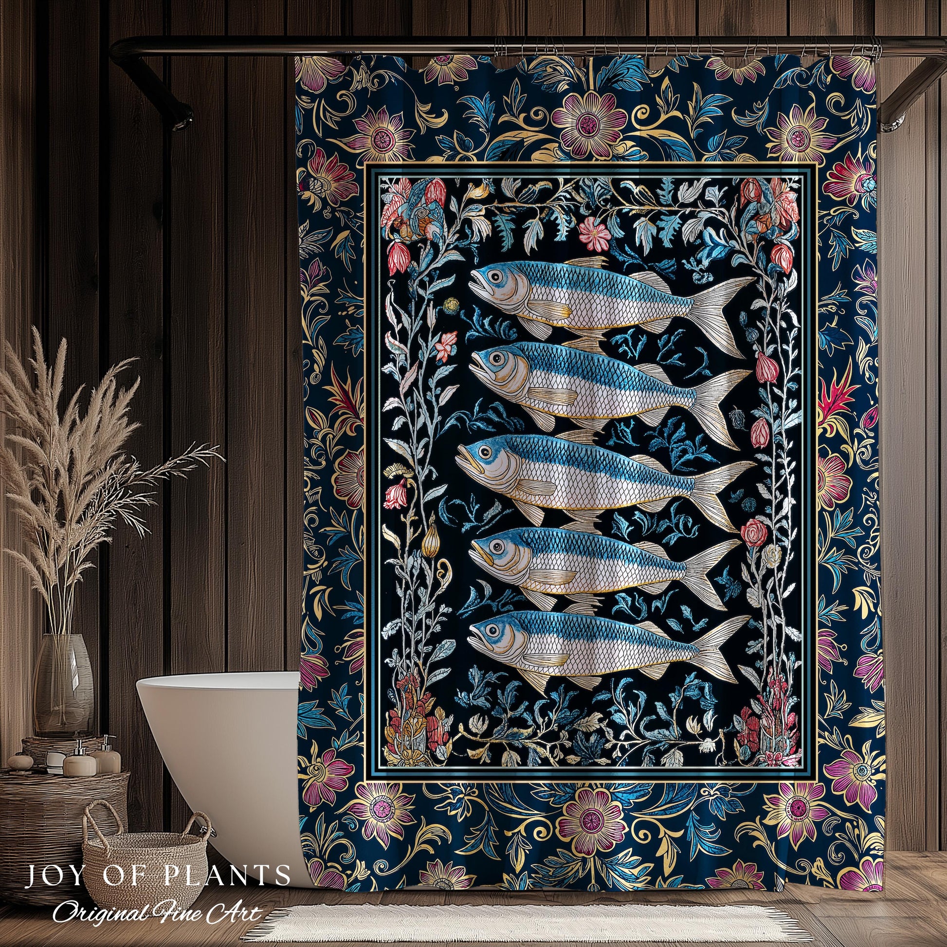 Whimsical Sea Life Sardine Shower Curtain | Cozy Nautical Lake House Bathroom Eclectic Coastal Aesthetic Maxmialist Vintage Sea Life Accent