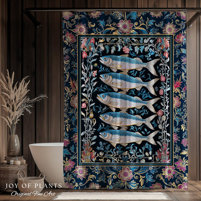 Whimsical Sea Life Sardine Shower Curtain | Cozy Nautical Lake House Bathroom Eclectic Coastal Aesthetic Maxmialist Vintage Sea Life Accent