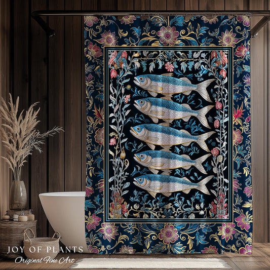 Whimsical Sea Life Sardine Shower Curtain | Cozy Nautical Lake House Bathroom Eclectic Coastal Aesthetic Maxmialist Vintage Sea Life Accent