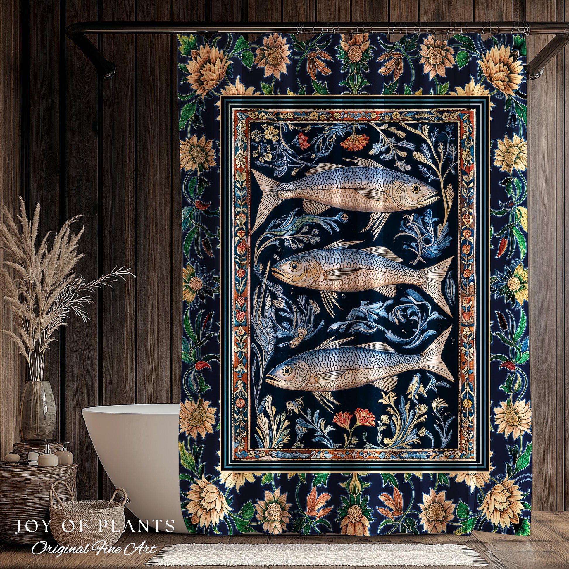 Botanical Marine Life Shower Curtain | Coastal Aesthetic Beachy Whimsical Sardine Bathroom Nautical Lake House Decor Eclectic Floral Style |