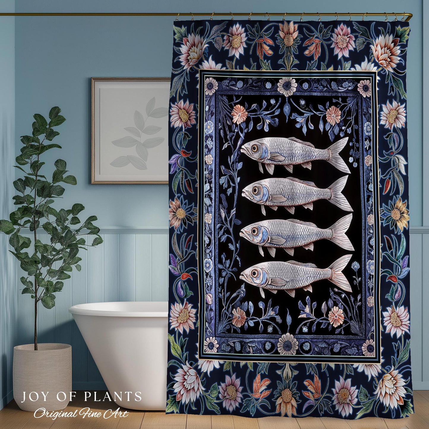 Midnight Purple Sardine Shower Curtain | Ethereal Botanical Beach House Bathroom Eclectic Marine Life Nautical Coastal Aesthetic Whimsical |