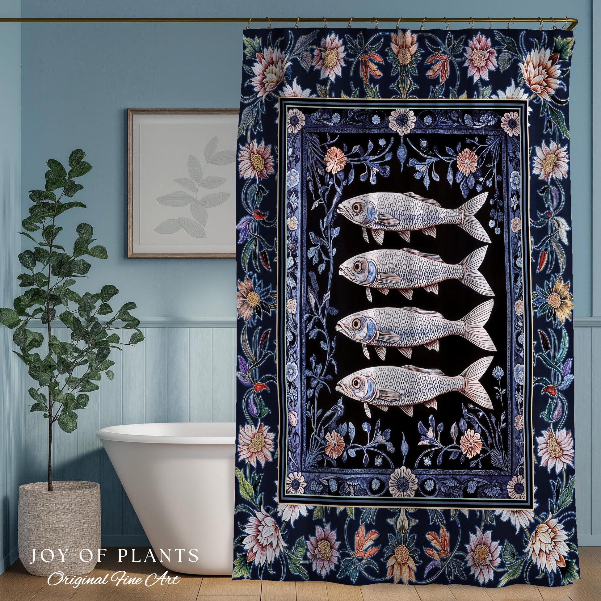 Midnight Purple Sardine Shower Curtain | Ethereal Botanical Beach House Bathroom Eclectic Marine Life Nautical Coastal Aesthetic Whimsical |