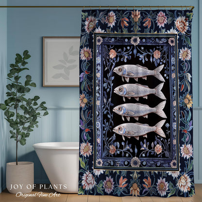Midnight Purple Sardine Shower Curtain | Ethereal Botanical Beach House Bathroom Eclectic Marine Life Nautical Coastal Aesthetic Whimsical |