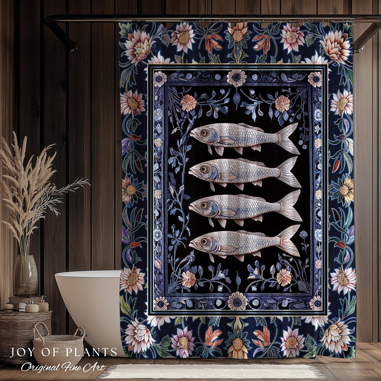 Midnight Purple Sardine Shower Curtain | Ethereal Botanical Beach House Bathroom Eclectic Marine Life Nautical Coastal Aesthetic Whimsical |
