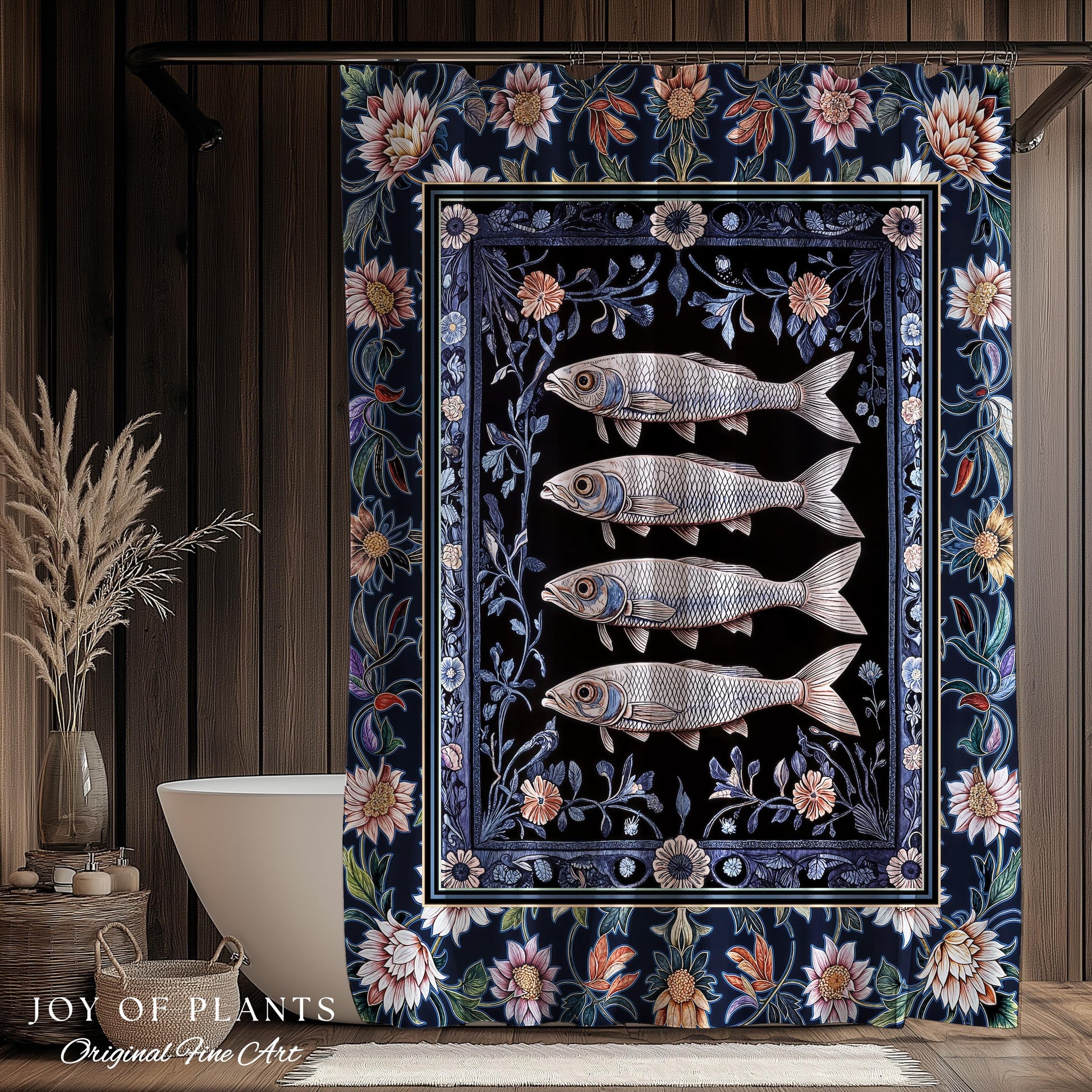 Midnight Purple Sardine Shower Curtain | Ethereal Botanical Beach House Bathroom Eclectic Marine Life Nautical Coastal Aesthetic Whimsical |