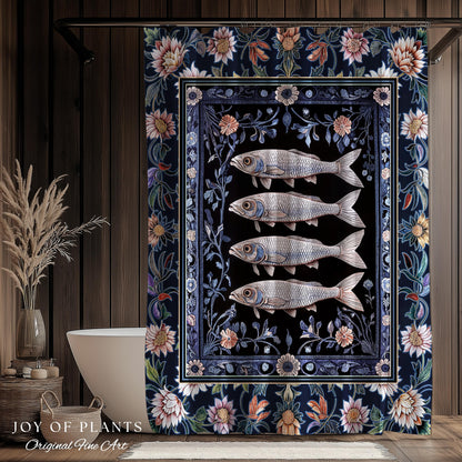 Midnight Purple Sardine Shower Curtain | Ethereal Botanical Beach House Bathroom Eclectic Marine Life Nautical Coastal Aesthetic Whimsical |