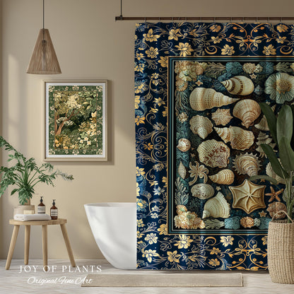 Boho Seashells Rustic Shower Curtain | Coastal Inspired Beach House Bathroom Summer Decorating Shell Wall Art Mermaidcore Nautical Artwork