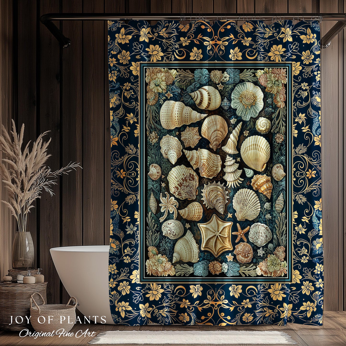 Boho Seashells Rustic Shower Curtain | Coastal Inspired Beach House Bathroom Summer Decorating Shell Wall Art Mermaidcore Nautical Artwork