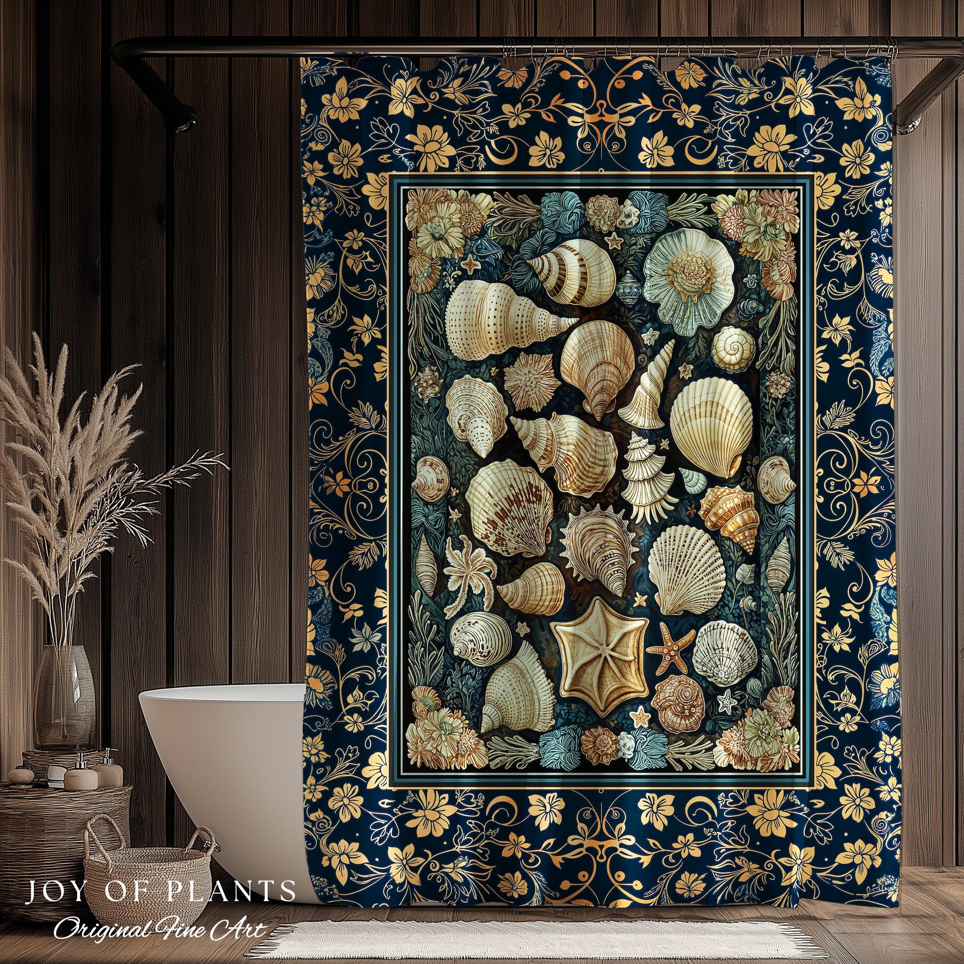 Boho Seashells Rustic Shower Curtain | Coastal Inspired Beach House Bathroom Summer Decorating Shell Wall Art Mermaidcore Nautical Artwork