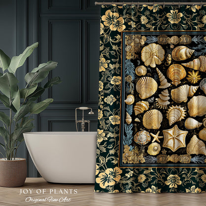 Cozy Beach House Seashell Bathroom | Vintage Coastal Aesthetic Beachy Rustic Shower Curtain Crustacean Inspired Lake House Summer Decor |