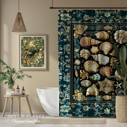 Maximalist Seashell Nautical Shower Curtain | Mermaidcore Coastal Bathroom Crustacean Inspired Beach House Summer Marine Bath Accessory |