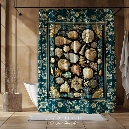 Maximalist Seashell Nautical Shower Curtain | Mermaidcore Coastal Bathroom Crustacean Inspired Beach House Summer Marine Bath Accessory |
