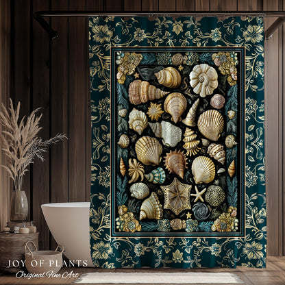 Maximalist Seashell Nautical Shower Curtain | Mermaidcore Coastal Bathroom Crustacean Inspired Beach House Summer Marine Bath Accessory |