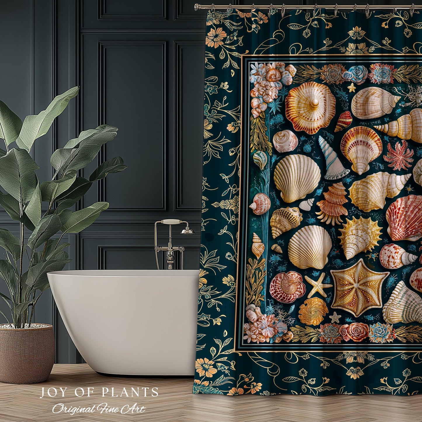 Eclectic Shell Collage Cozy Bathroom Decor | Summer Beach House Nautical Shower Curtain Maximalist Aesthetic Mermaidcore Coastal Marine Life