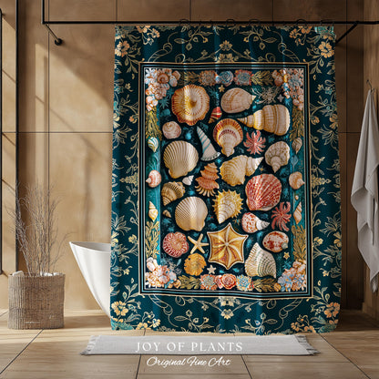 Eclectic Shell Collage Cozy Bathroom Decor | Summer Beach House Nautical Shower Curtain Maximalist Aesthetic Mermaidcore Coastal Marine Life