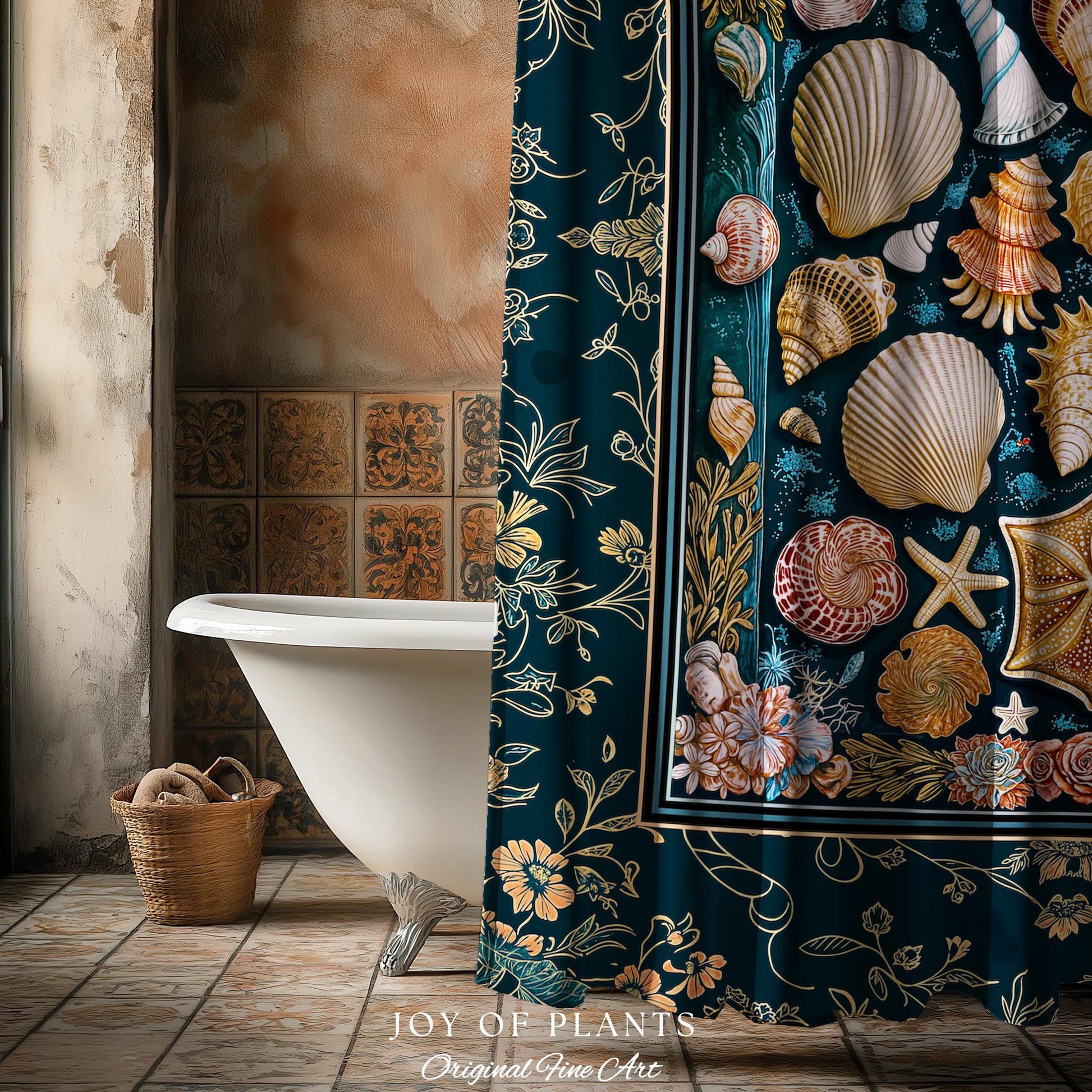Eclectic Shell Collage Cozy Bathroom Decor | Summer Beach House Nautical Shower Curtain Maximalist Aesthetic Mermaidcore Coastal Marine Life