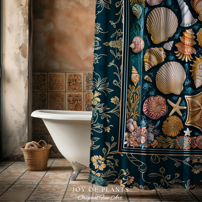 Eclectic Shell Collage Cozy Bathroom Decor | Summer Beach House Nautical Shower Curtain Maximalist Aesthetic Mermaidcore Coastal Marine Life