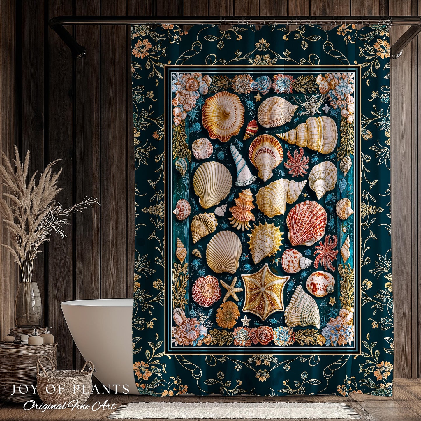 Eclectic Shell Collage Cozy Bathroom Decor | Summer Beach House Nautical Shower Curtain Maximalist Aesthetic Mermaidcore Coastal Marine Life