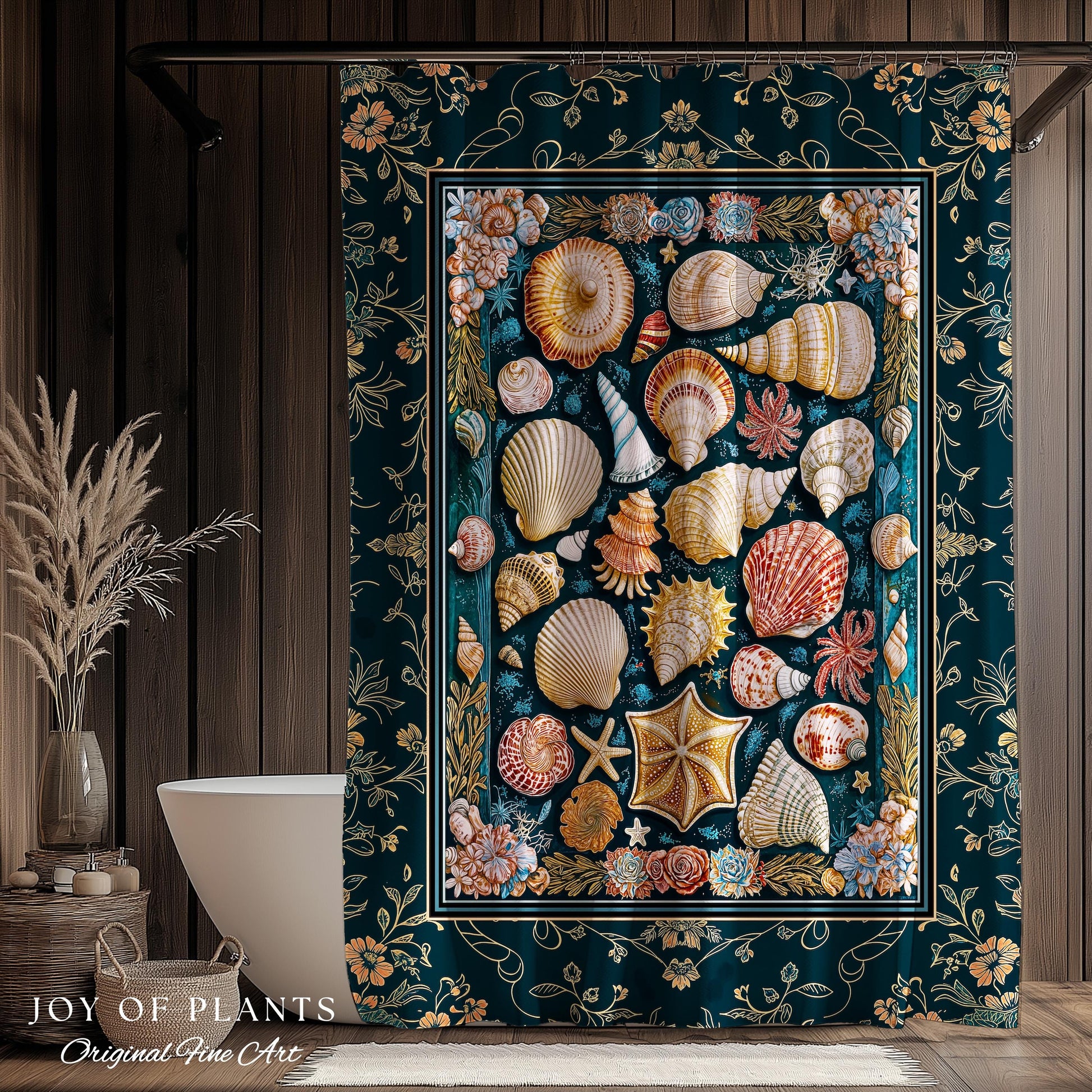 Eclectic Shell Collage Cozy Bathroom Decor | Summer Beach House Nautical Shower Curtain Maximalist Aesthetic Mermaidcore Coastal Marine Life
