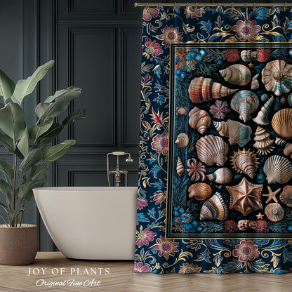 Colorful Nautical Aesthetic Shower Curtain | Ocean Inspired Lake Home Bathroom Accent Seashell Summer Beach Aesthetic Mermaidcore Gothic
