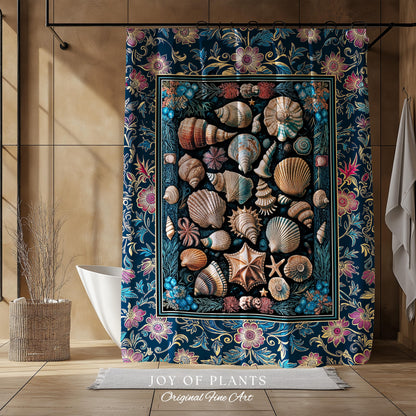 Colorful Nautical Aesthetic Shower Curtain | Ocean Inspired Lake Home Bathroom Accent Seashell Summer Beach Aesthetic Mermaidcore Gothic