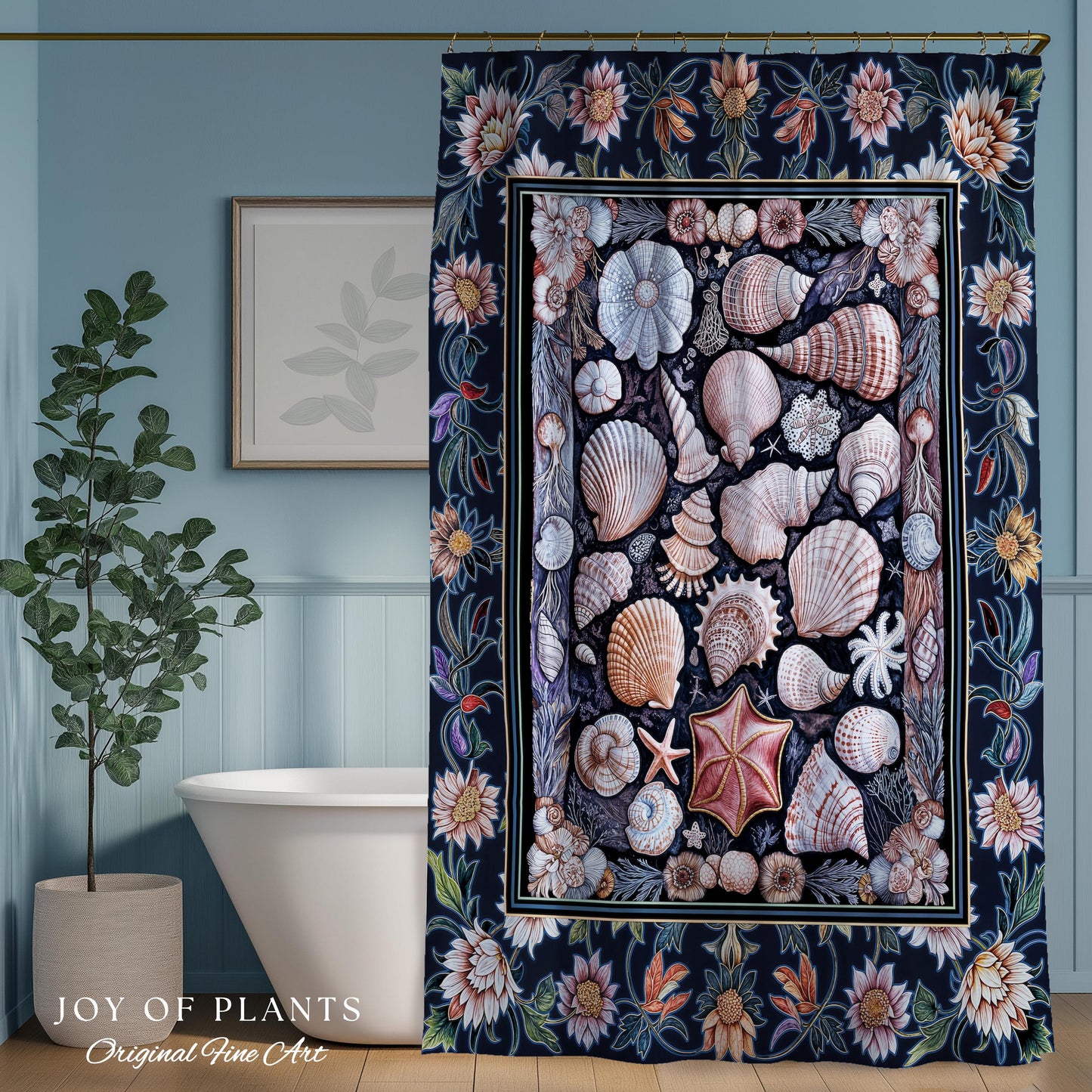 Coastal Pastel Seashell Shower Curtain | Vintage Ocean Inspired Beach Accent Marine Life Bathroom Summer Aesthetic Mermaid Decor Beachy Art