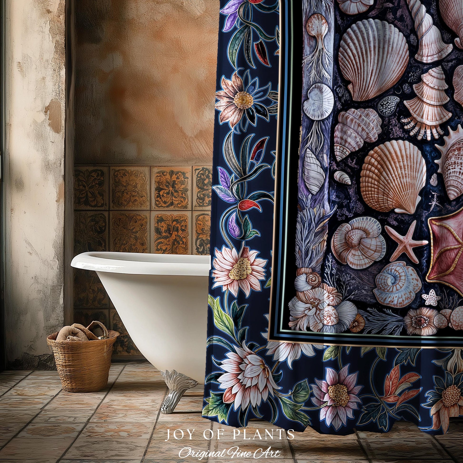 Coastal Pastel Seashell Shower Curtain | Vintage Ocean Inspired Beach Accent Marine Life Bathroom Summer Aesthetic Mermaid Decor Beachy Art