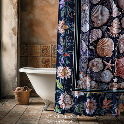 Coastal Pastel Seashell Shower Curtain | Vintage Ocean Inspired Beach Accent Marine Life Bathroom Summer Aesthetic Mermaid Decor Beachy Art