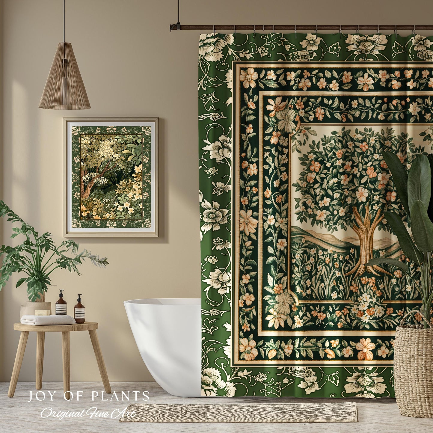 Enchanted Garden Folklore Tree Shower Curtains | Emerald Green Botanical Coquette Floral Accent Forest Theme Bathroom Folklore Cottagecore