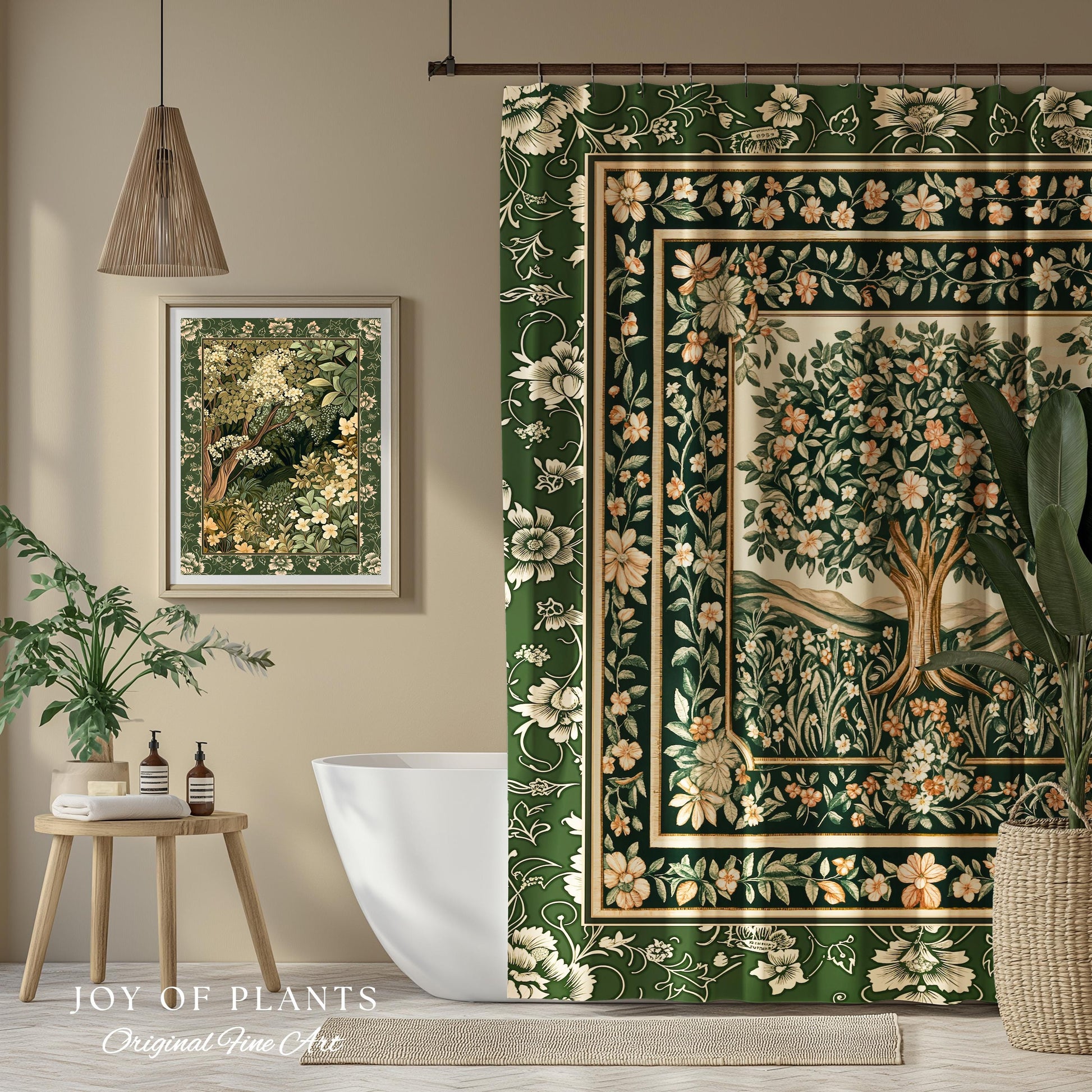 Enchanted Garden Folklore Tree Shower Curtains | Emerald Green Botanical Coquette Floral Accent Forest Theme Bathroom Folklore Cottagecore
