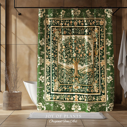 Enchanted Garden Folklore Tree Shower Curtains | Emerald Green Botanical Coquette Floral Accent Forest Theme Bathroom Folklore Cottagecore