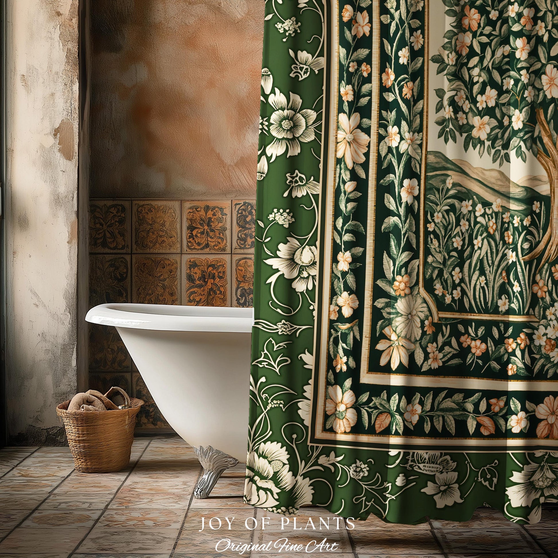 Enchanted Garden Folklore Tree Shower Curtains | Emerald Green Botanical Coquette Floral Accent Forest Theme Bathroom Folklore Cottagecore