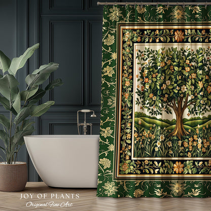 Emerald Green Floral Tree of Life Shower Curtain | Botanical Forestcore Folklore Vintage Floral Enchanted Cozy Cottagecore Whimsical Bath |